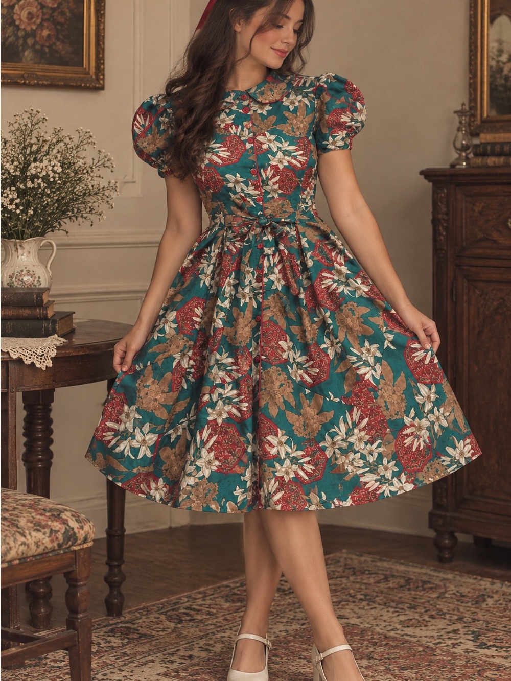 Teal Floral Tie-Waist Mini Dress, Vintage 1940s cold rayon novelty print fabric